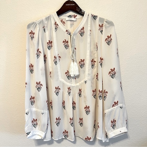 A.L.C. Hari Front Tie Floral Silk Blouse, cream, size 10 - Picture 7 of 16